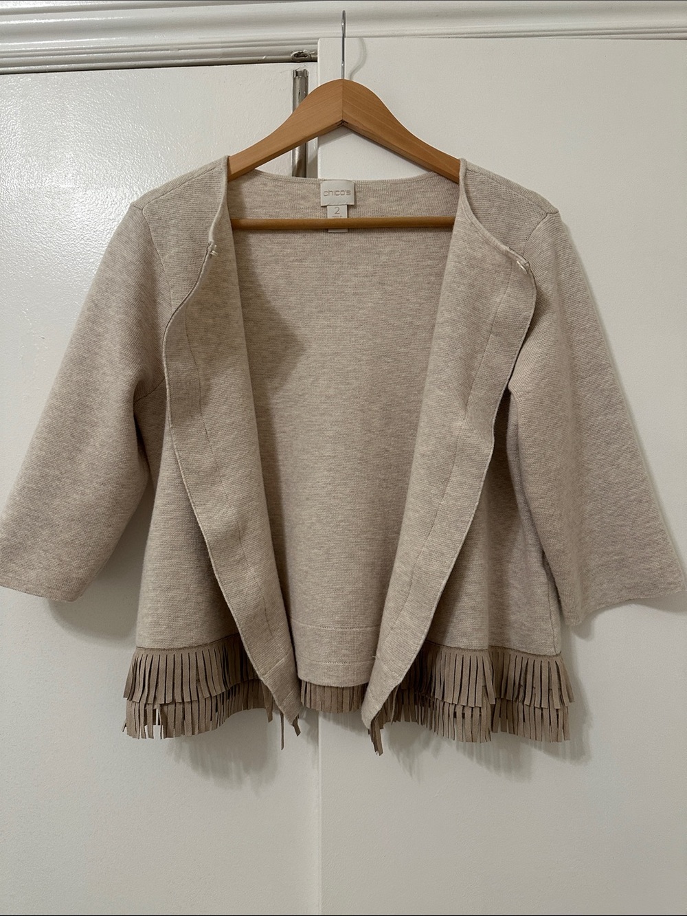 Chico's Neutral Taupe Open-Front Knit Cardigan with Fringe - Picture 6 of 7